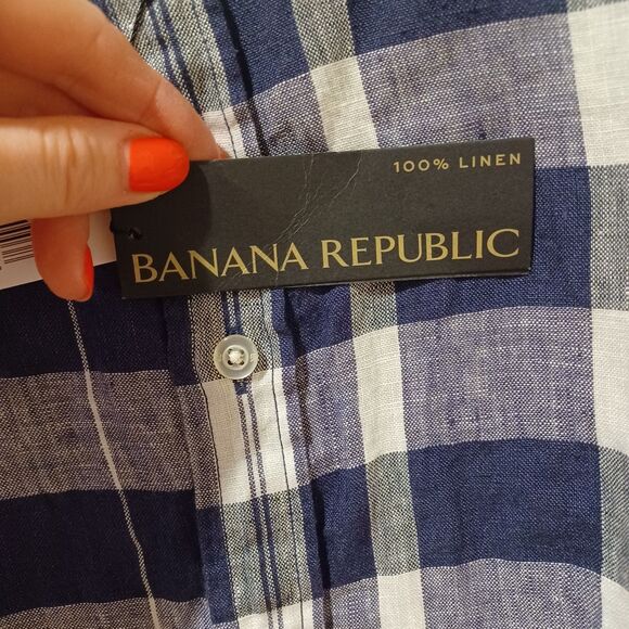 NWT Banana Republic Shirt Men's L Blue Plaid 100% Linen Button-Down Top - Picture 4 of 8